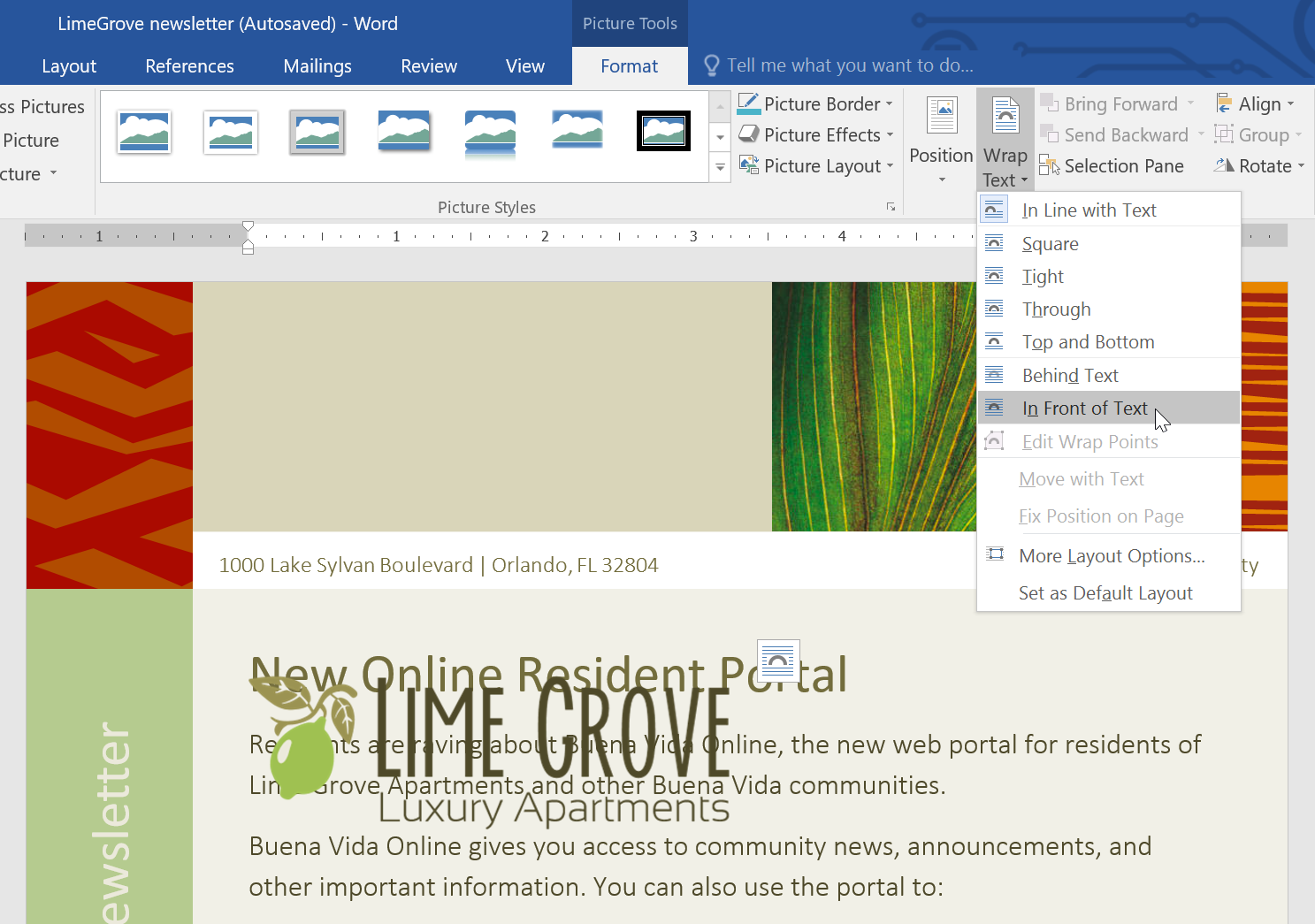 changing the text wrapping to In Front of Text changing the text wrapping to In Front of Text