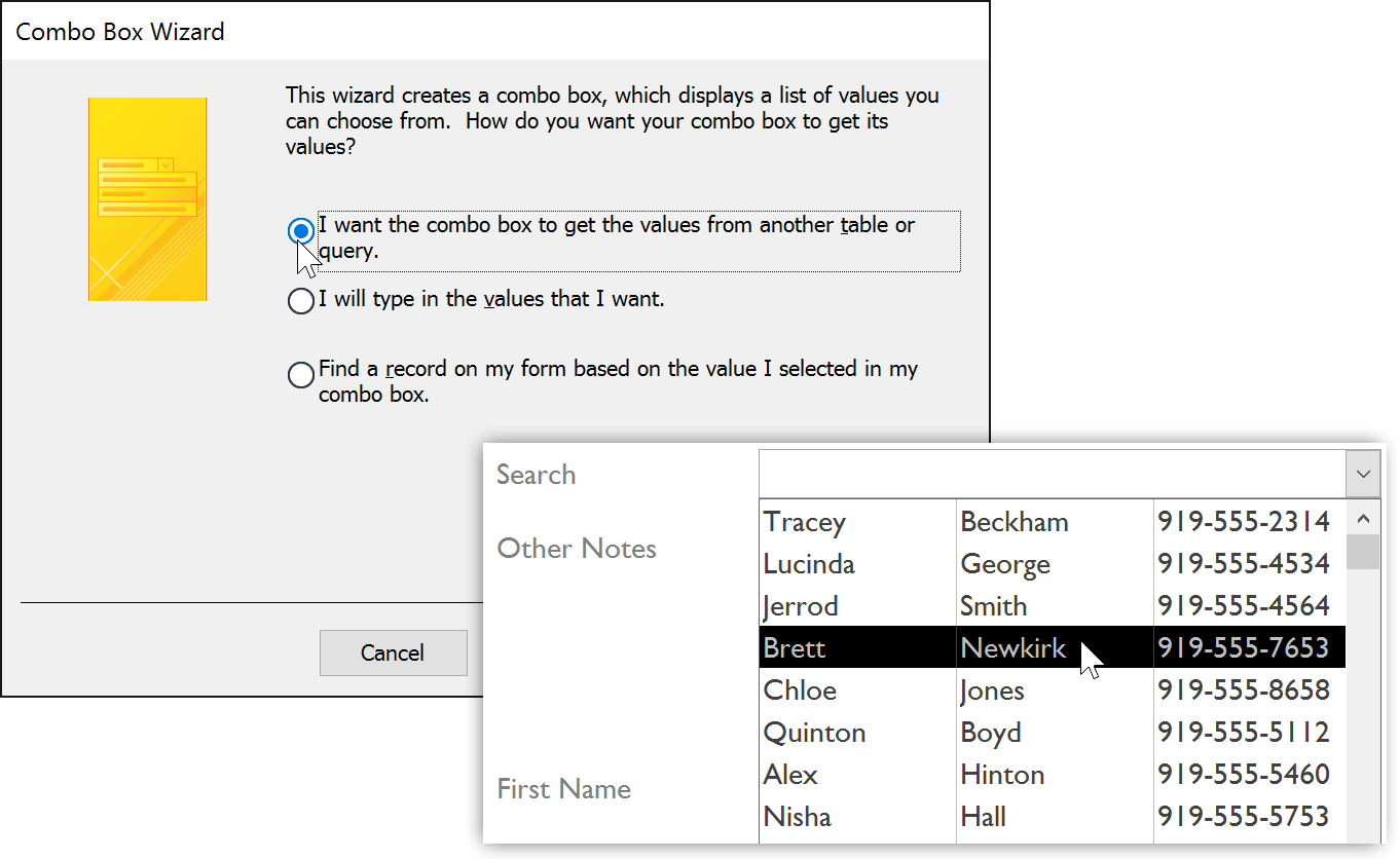 A combo box that takes its values from a table