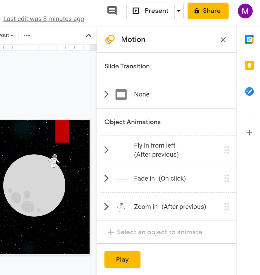 showing the motion pane showing the motion pane
