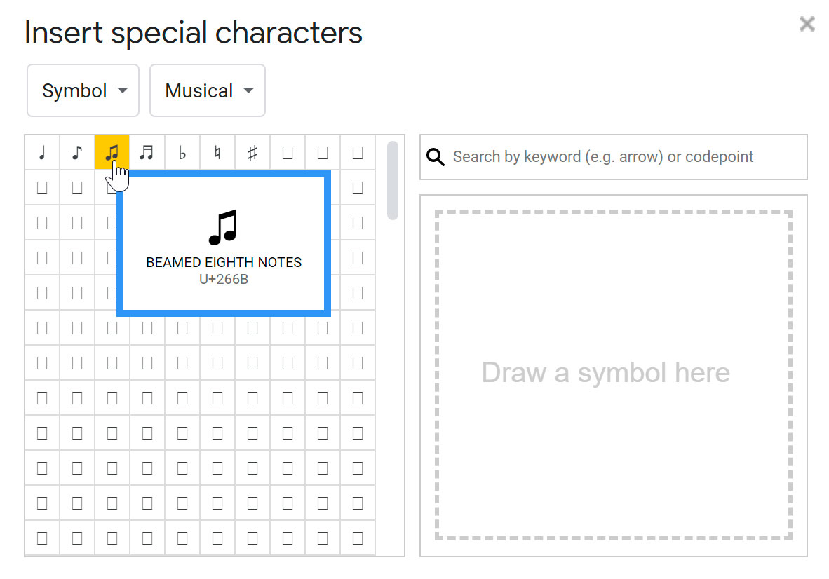 clicking the desired symbol