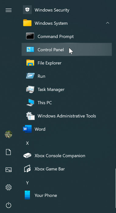 opening the Control Panel opening the Control Panel