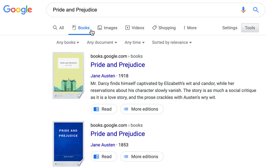 searching Google for Pride and Prejudice by Jane Austen searching Google for Pride and Prejudice by Jane Austen