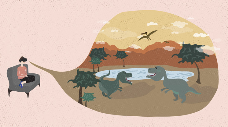 A woman sees a prehistoric world of dinosaurs through a virtual reality headset. A woman sees a prehistoric world of dinosaurs through a virtual reality headset.