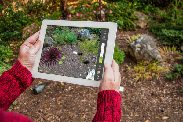 A person sees augmented reality through their iPad screen. A person sees augmented reality through their iPad screen.