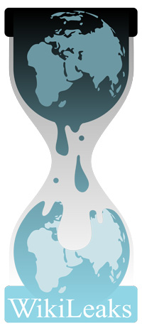 The logo of Wikileaks: An hourglass containing a globe dripping down onto another globe. The logo of Wikileaks: An hourglass containing a globe dripping down onto another globe.