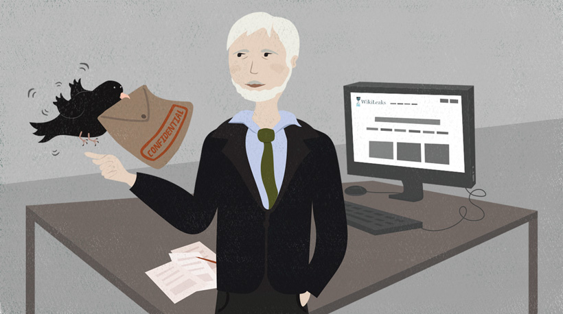 An illustration of Julian Assange receiving a confidential document from a raven. An illustration of Julian Assange receiving a confidential document from a raven.