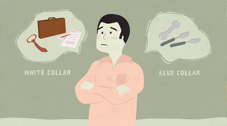 person thinking about blue collar and white collar careers person thinking about blue collar and white collar careers