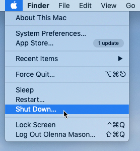 screenshot of the Shut Down command in the Apple menu screenshot of the Shut Down command in the Apple menu
