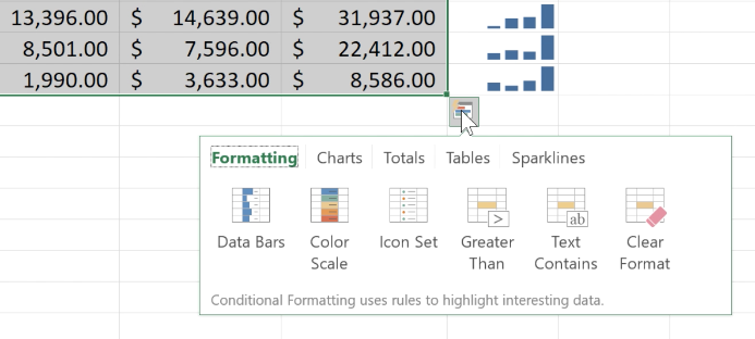 Screenshot of Quick Analysis options Screenshot of Quick Analysis options