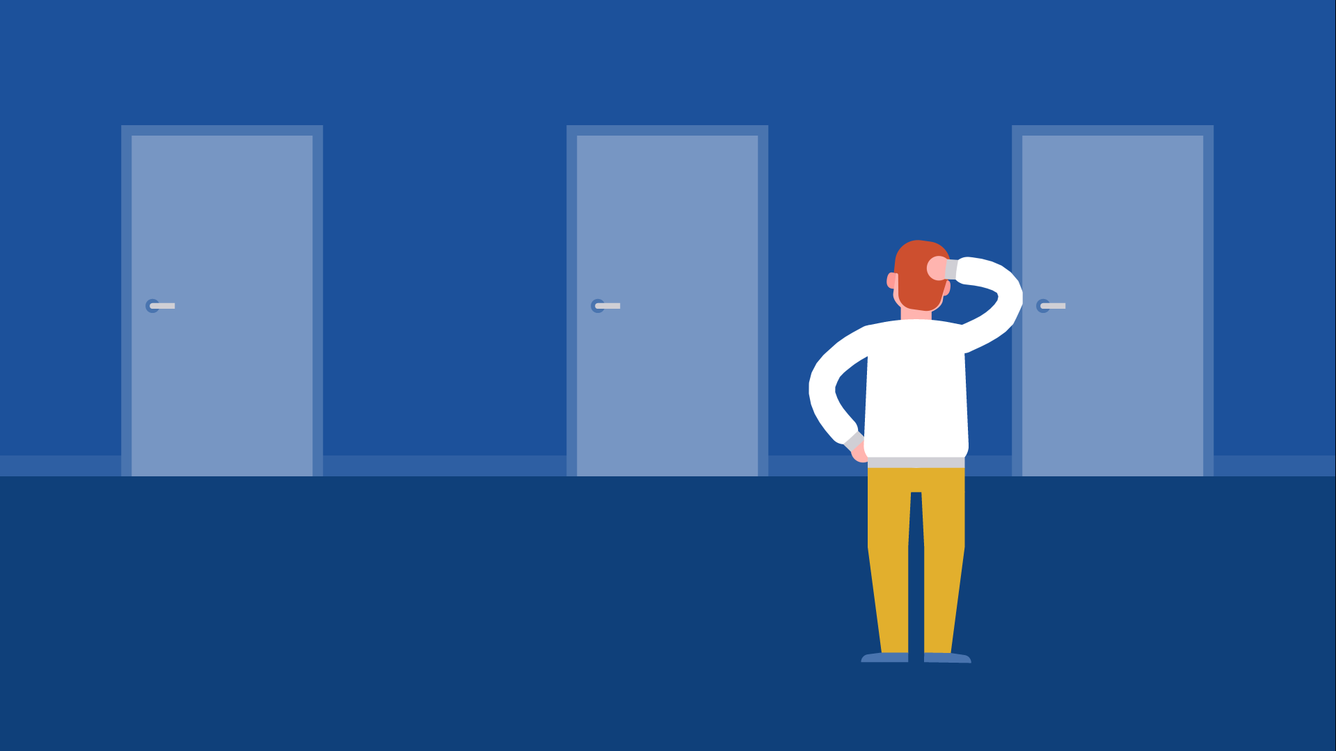 man pondering several doors in a hallway man pondering several doors in a hallway