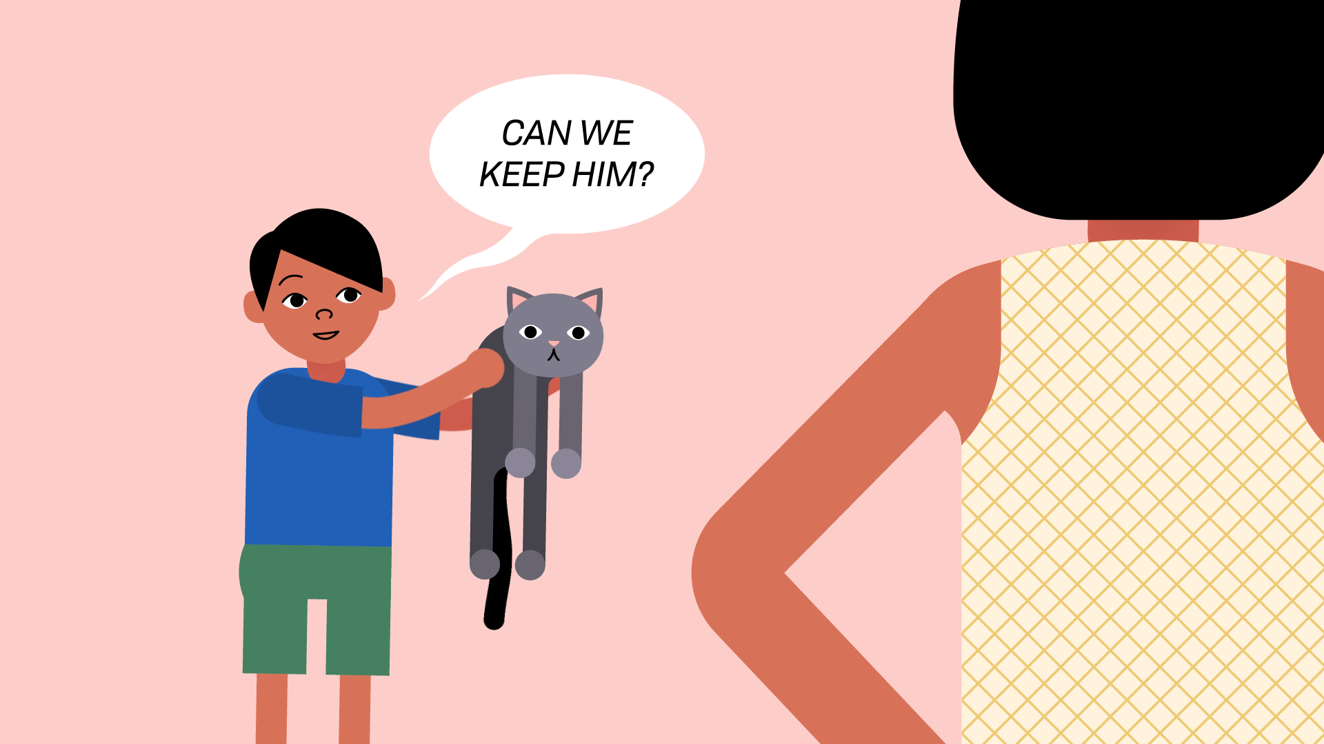 son holds cat, asks mom, "can we keep him?" son holds cat, asks mom, "can we keep him?"