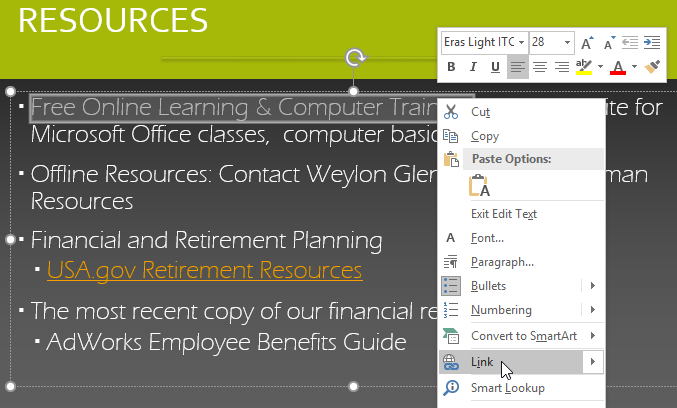 screenshot of right-clicking text and selecting Link screenshot of right-clicking text and selecting Link