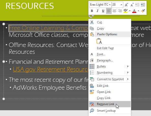 screenshot of right-clicking text and selecting Remove Link screenshot of right-clicking text and selecting Remove Link