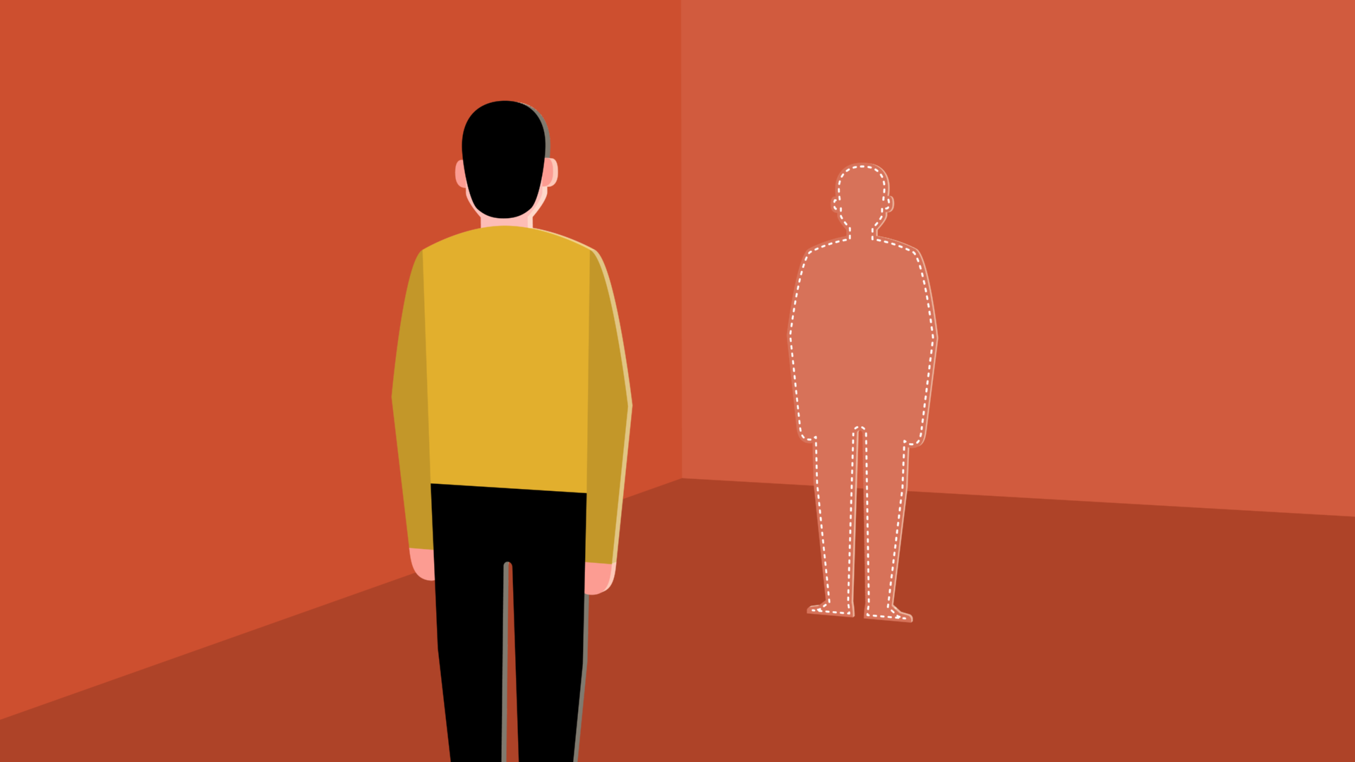 man looks at 3D cut-out of himself man looks at 3D cut-out of himself