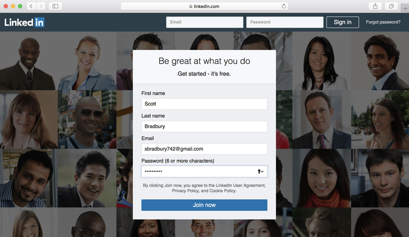 A screenshot of the LinkedIn sign up page. A screenshot of the LinkedIn sign up page.