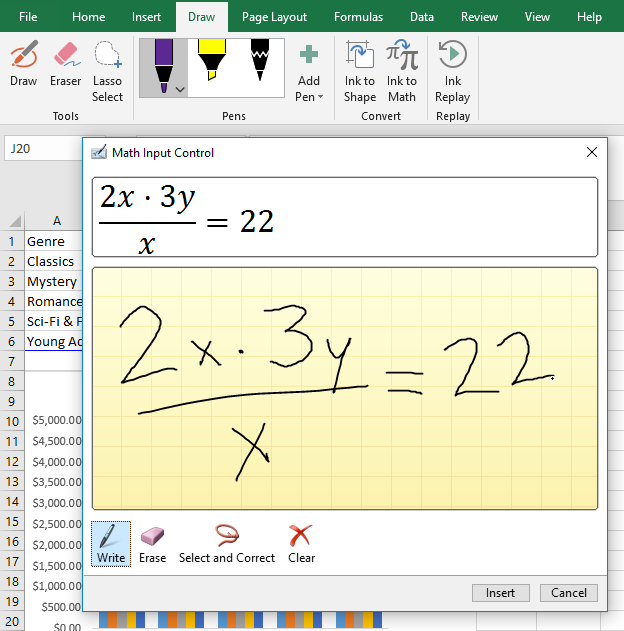 screenshot of using the Ink to Math tool to write an equation screenshot of using the Ink to Math tool to write an equation
