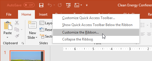 screenshot of clicking Customize the Ribbon after right-clicking on the Ribbon screenshot of clicking Customize the Ribbon after right-clicking on the Ribbon