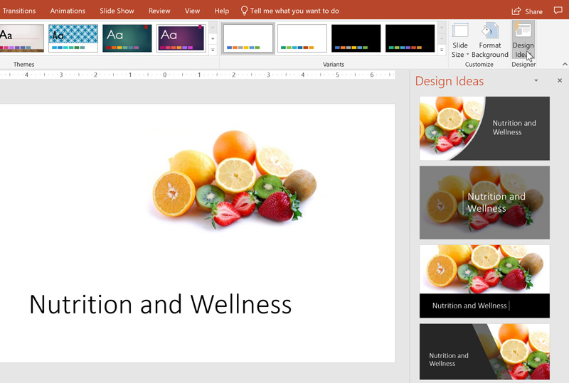 The Design Ideas feature showing various layout options in PowerPoint. The Design Ideas feature showing various layout options in PowerPoint.