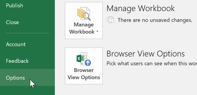 A cursor clicking on the Options tab in the Backstage View. A cursor clicking on the Options tab in the Backstage View.