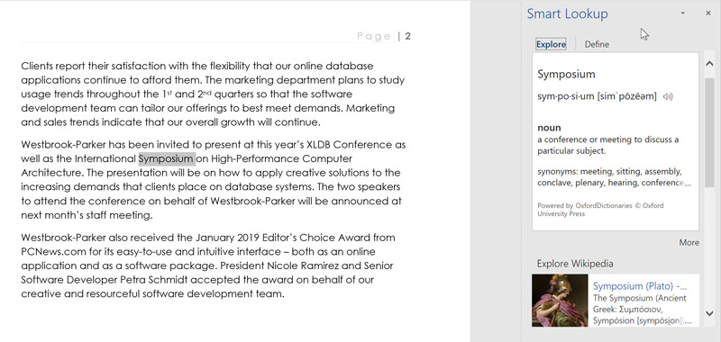 The Smart Lookup feature showing search results for the word 'symposium'. The Smart Lookup feature showing search results for the word 'symposium'.