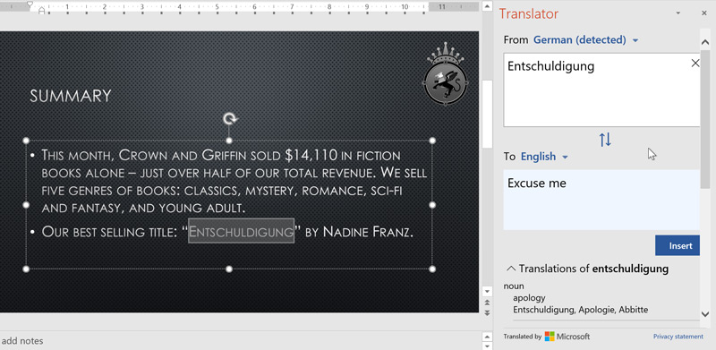 The Translator feature translating the German word for "excuse me" into English. The Translator feature translating the German word for "excuse me" into English.
