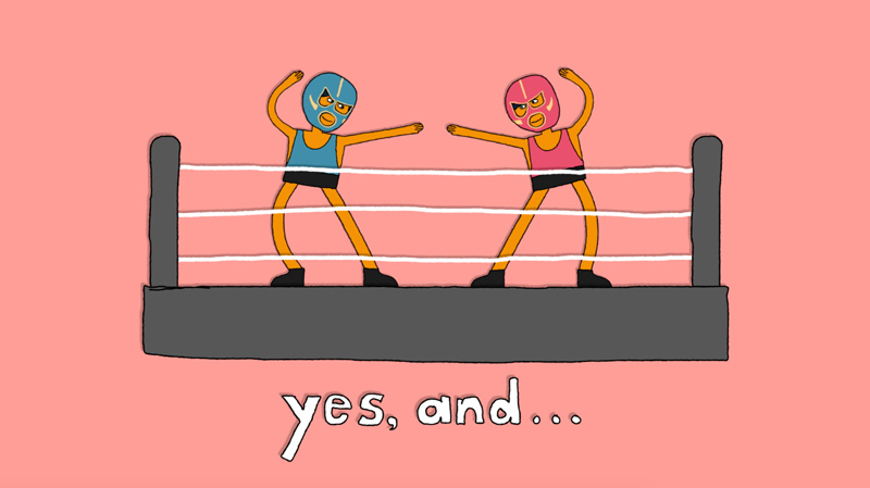 illustration of identical twins dressed as professional wrestlers with the phrase "yes, and..." below them illustration of identical twins dressed as professional wrestlers with the phrase "yes, and..." below them