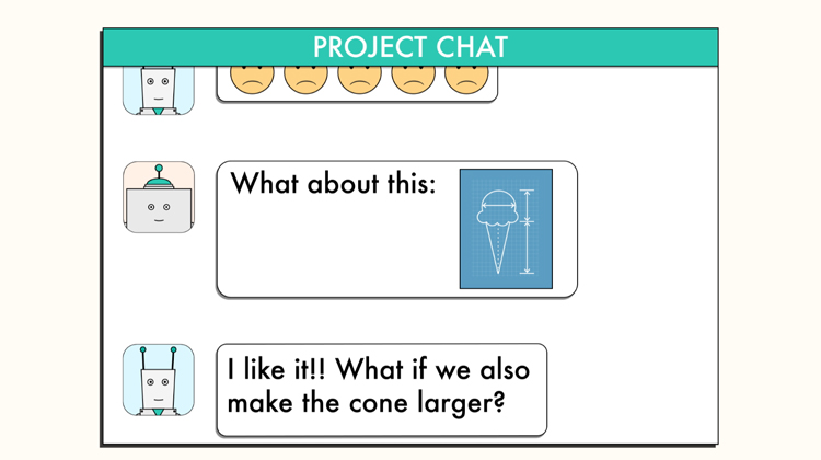 illustration of chat window where one robot is giving another robot feedback on his ice cream design illustration of chat window where one robot is giving another robot feedback on his ice cream design