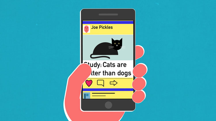 illustration of a hand holding a smartphone displaying an article that reads, "Study: Cats are better than dogs" illustration of a hand holding a smartphone displaying an article that reads, "Study: Cats are better than dogs"