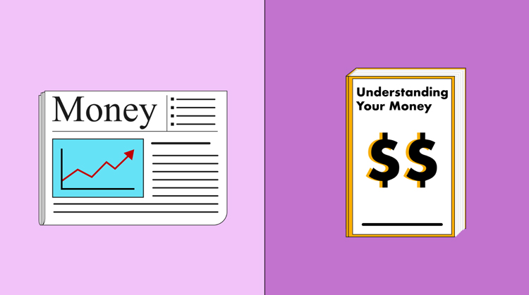 an illustration of a newspaper titled Money and a book titled Understanding Your Money an illustration of a newspaper titled Money and a book titled Understanding Your Money