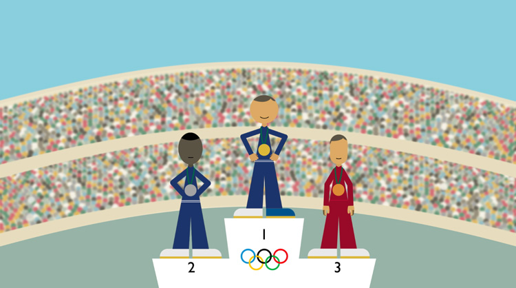 illustration of the three Olympic medalists in front of a large crowd illustration of the three Olympic medalists in front of a large crowd