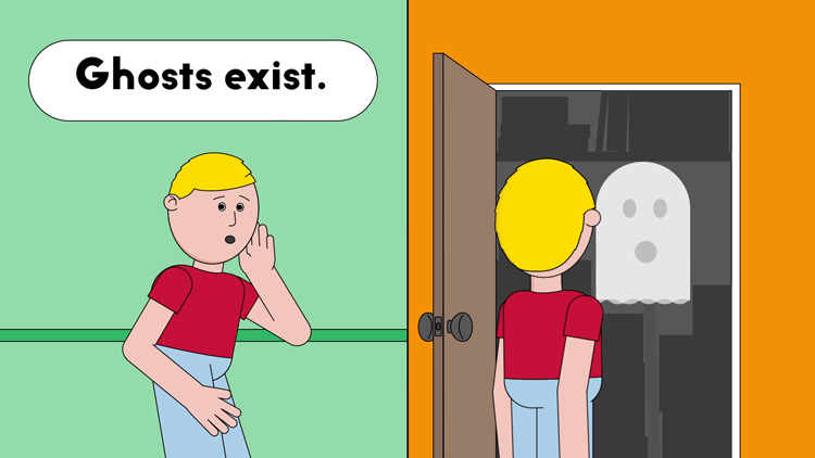 illustration of George claiming that ghosts exists and him seeing one in his closet illustration of George claiming that ghosts exists and him seeing one in his closet
