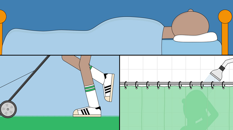 illustration of Ethan sleeping, doing yard work, and taking a shower illustration of Ethan sleeping, doing yard work, and taking a shower