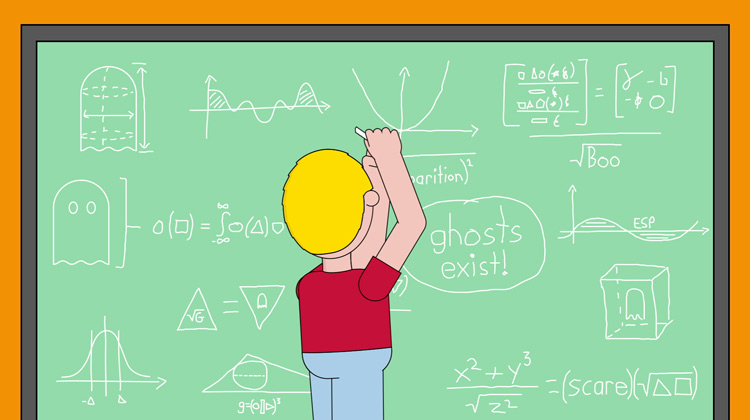 illustration of George using math and reasoning to try and prove that ghosts exist illustration of George using math and reasoning to try and prove that ghosts exist
