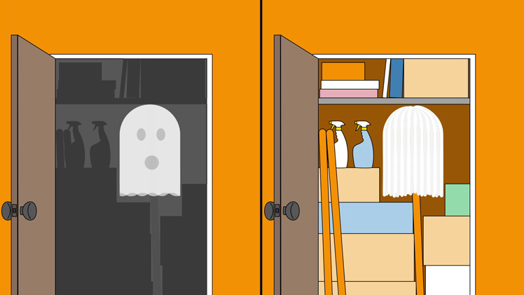 illustration of a splitscreen showing a ghost in a closet on the left, and that same closet with a mop in it on the right illustration of a splitscreen showing a ghost in a closet on the left, and that same closet with a mop in it on the right
