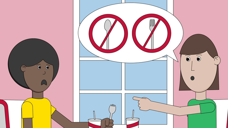 illustration of Maddie accusing Callie of wanting to outlaw spoons and forks illustration of Maddie accusing Callie of wanting to outlaw spoons and forks