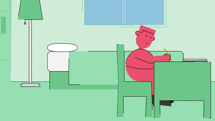 illustration of a student in his bedroom writing out some notes illustration of a student in his bedroom writing out some notes