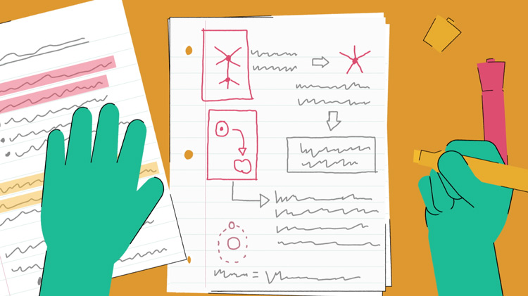 illustration of someone looking at notes containing hand-drawn diagrams illustration of someone looking at notes containing hand-drawn diagrams