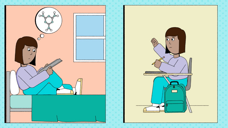 illustration of Maggie being confused about a molecule on the left, and her raising her hand to ask a question in class on the right illustration of Maggie being confused about a molecule on the left, and her raising her hand to ask a question in class on the right