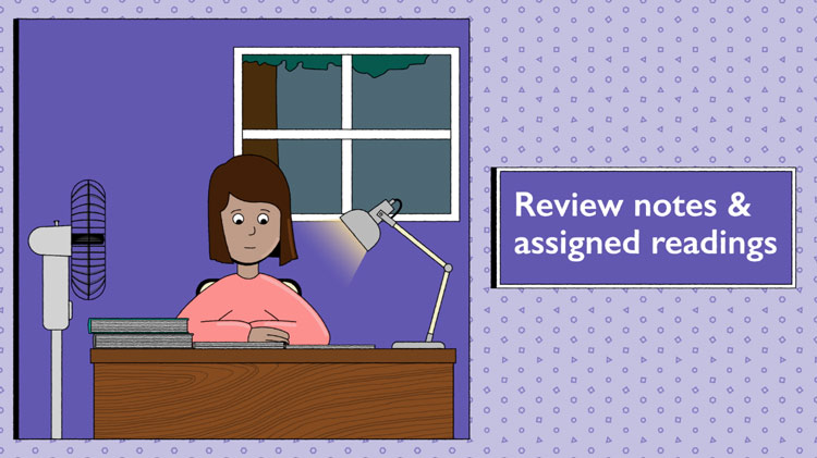 illustration of Maggie studying at her desk with the test "review notes & assigned readings" next to her illustration of Maggie studying at her desk with the test "review notes & assigned readings" next to her