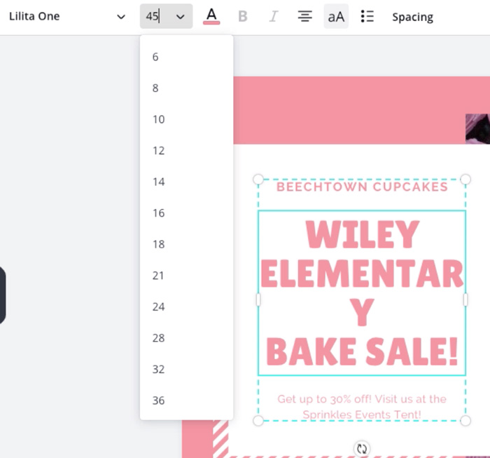 screenshot of font size dropdown menu with "45" screenshot of font size dropdown menu with "45"