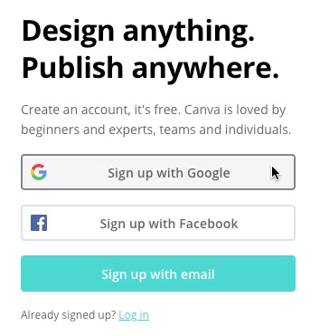 screenshot of Canva sign-up options screenshot of Canva sign-up options