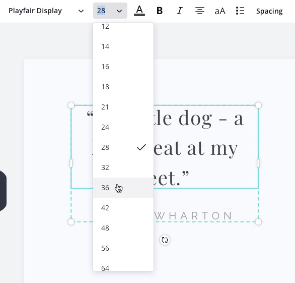 screenshot of font size dropdown menu with "36" screenshot of font size dropdown menu with "36"