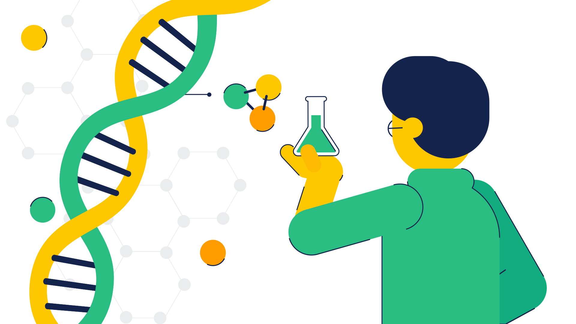 An illustration of a person holding a beaker, and a strand of DNA. An illustration of a person holding a beaker, and a strand of DNA.