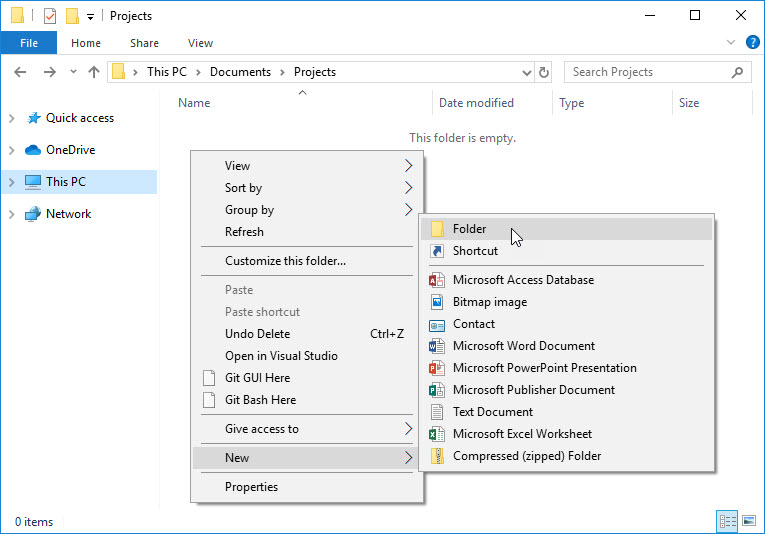 New Folder dropdown option New Folder dropdown option