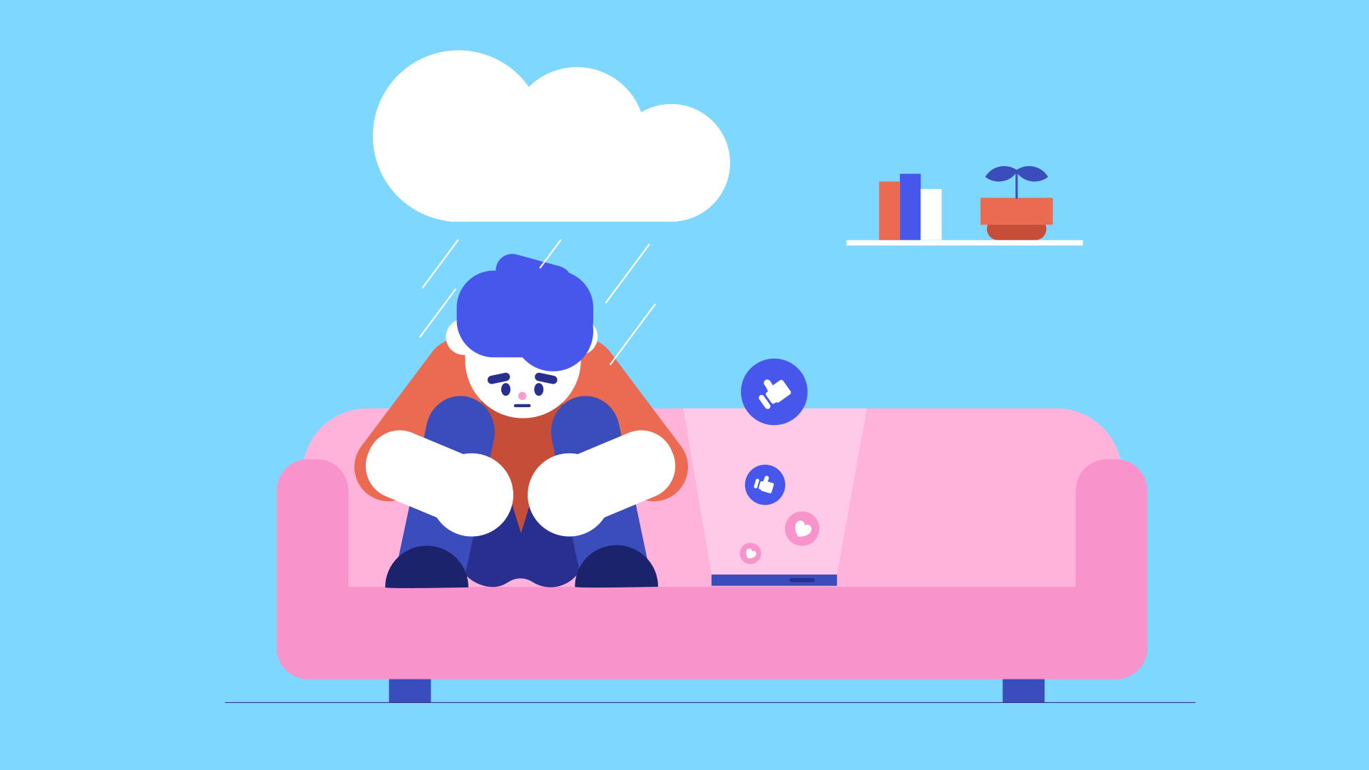 A sad person sits on a couch next to a smartphone, with a small rain cloud above them. A sad person sits on a couch next to a smartphone, with a small rain cloud above them.