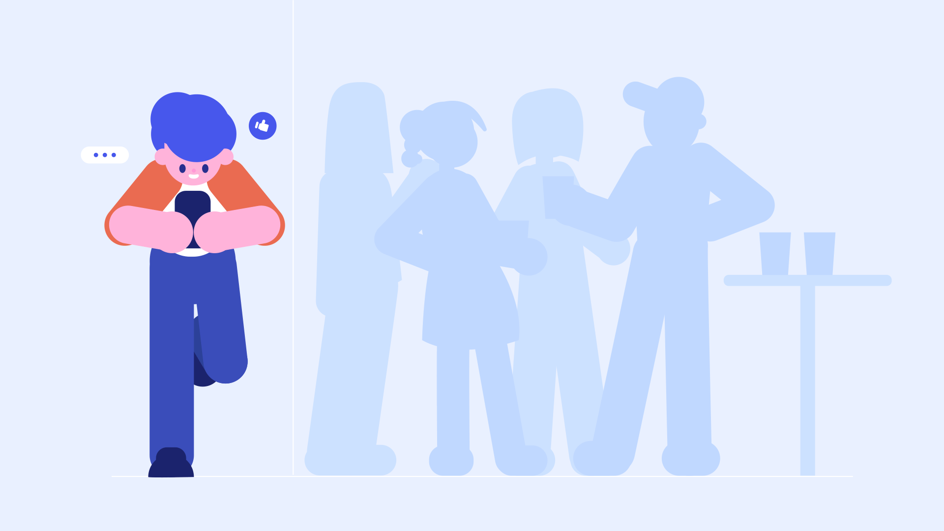 A person looks at their smartphone, standing apart from a group of friends. A person looks at their smartphone, standing apart from a group of friends.