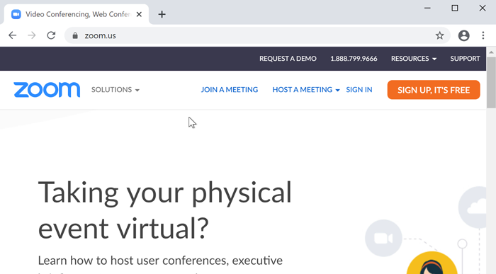A screenshot of the Zoom website. A screenshot of the Zoom website.