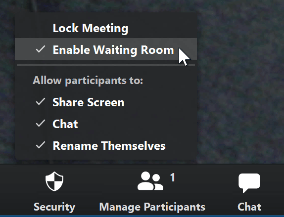 A screenshot of a mouse cursor hovering over the Enable Waiting Room option in the Zoom app. A screenshot of a mouse cursor hovering over the Enable Waiting Room option in the Zoom app.