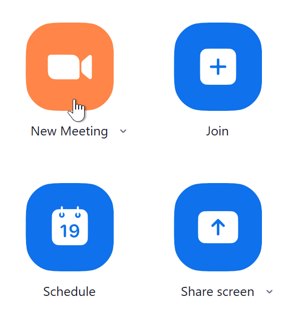 A screenshot of a mouse cursor hovering over the New Meeting button in the Zoom app. A screenshot of a mouse cursor hovering over the New Meeting button in the Zoom app.