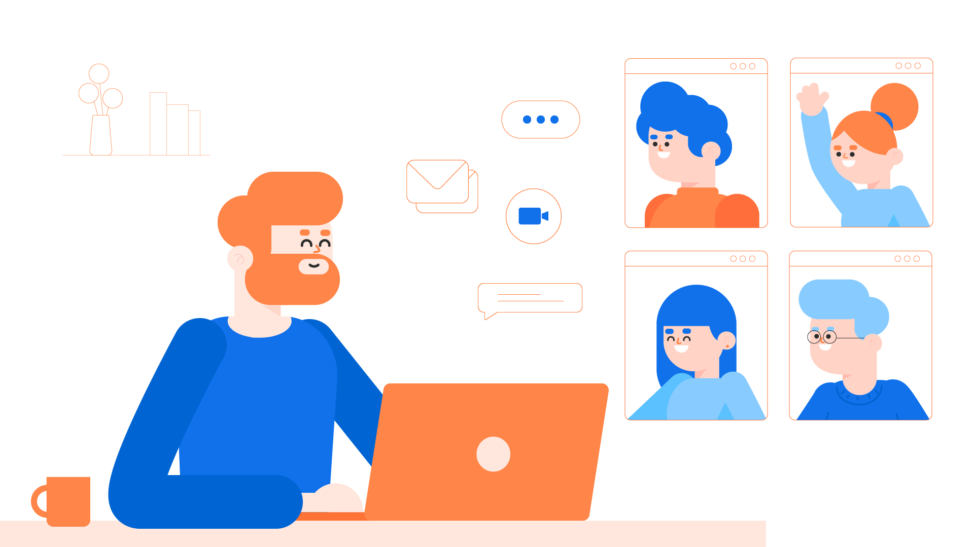 A man video chats with four other people. A man video chats with four other people.